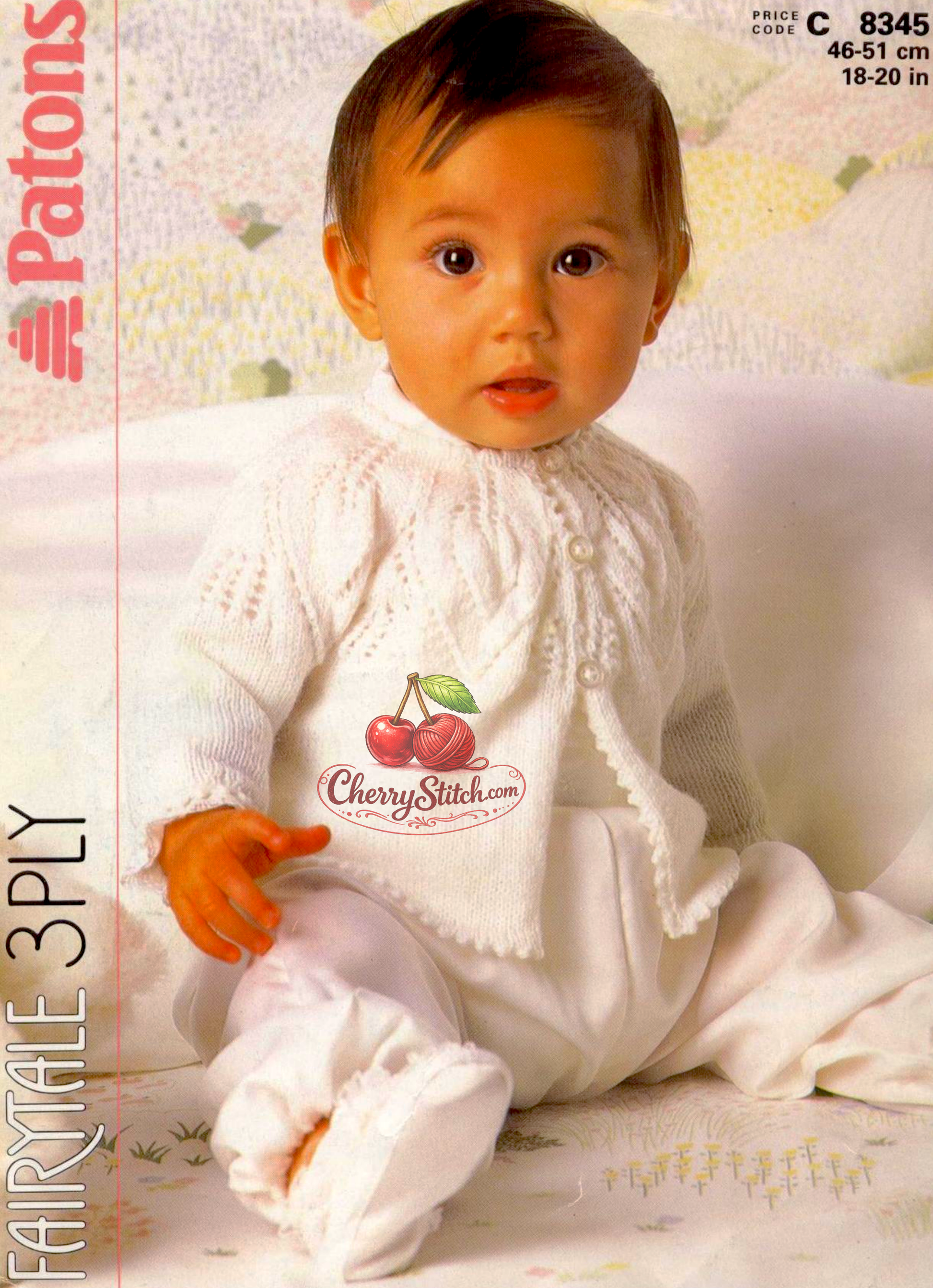 Baby picot edge matinee coat – restored vintage 1980s knitting pattern with top-down circular leaf lace yoke, one-piece construction, 3-ply, 18''–20'', 6–12 months