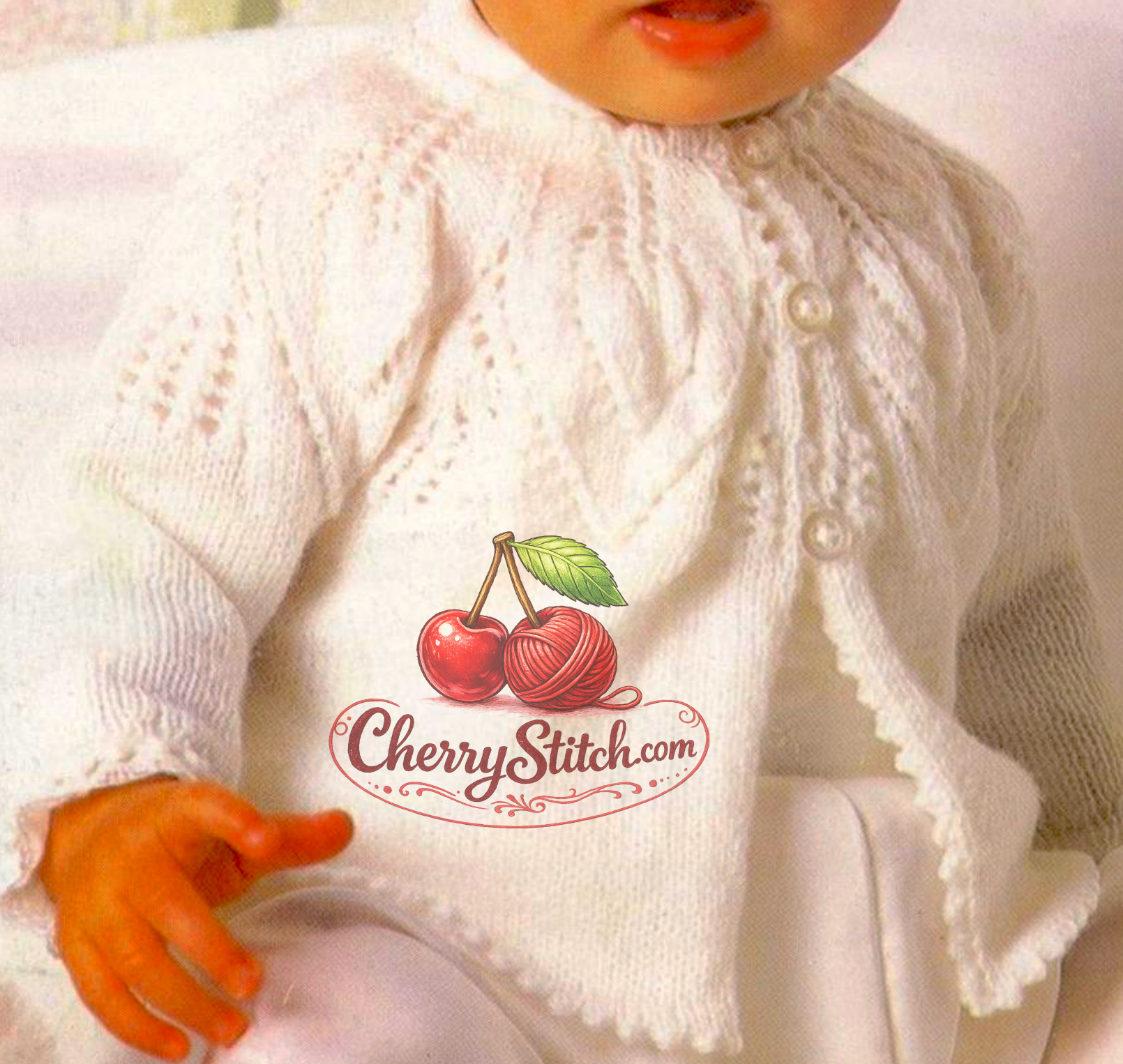 Close-up of circular leaf lace yoke and picot edge – restored vintage 1980s baby matinee coat knitting pattern in 3-ply