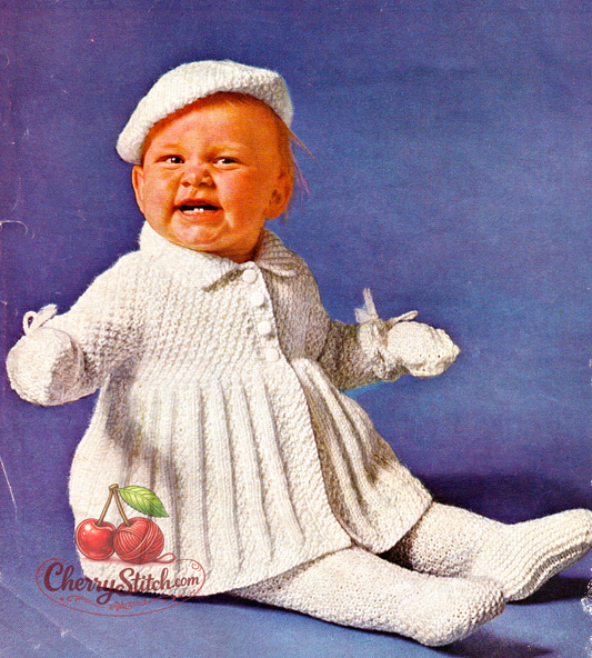Vintage 1950s Bairnswear baby pram set knitting pattern – white coat, leggings, beret and mittens in DK