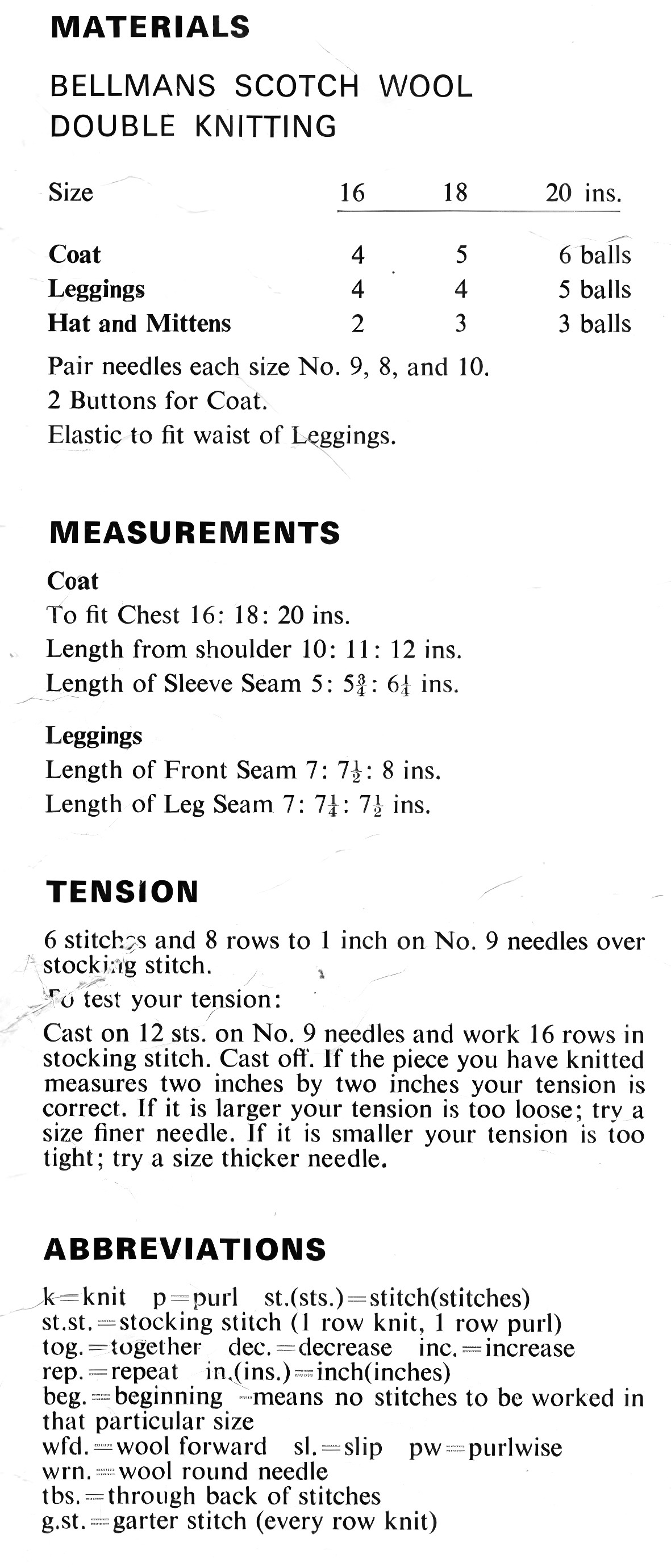 Materials, yarn requirements and measurements for vintage 1960s baby pram set knitting pattern
