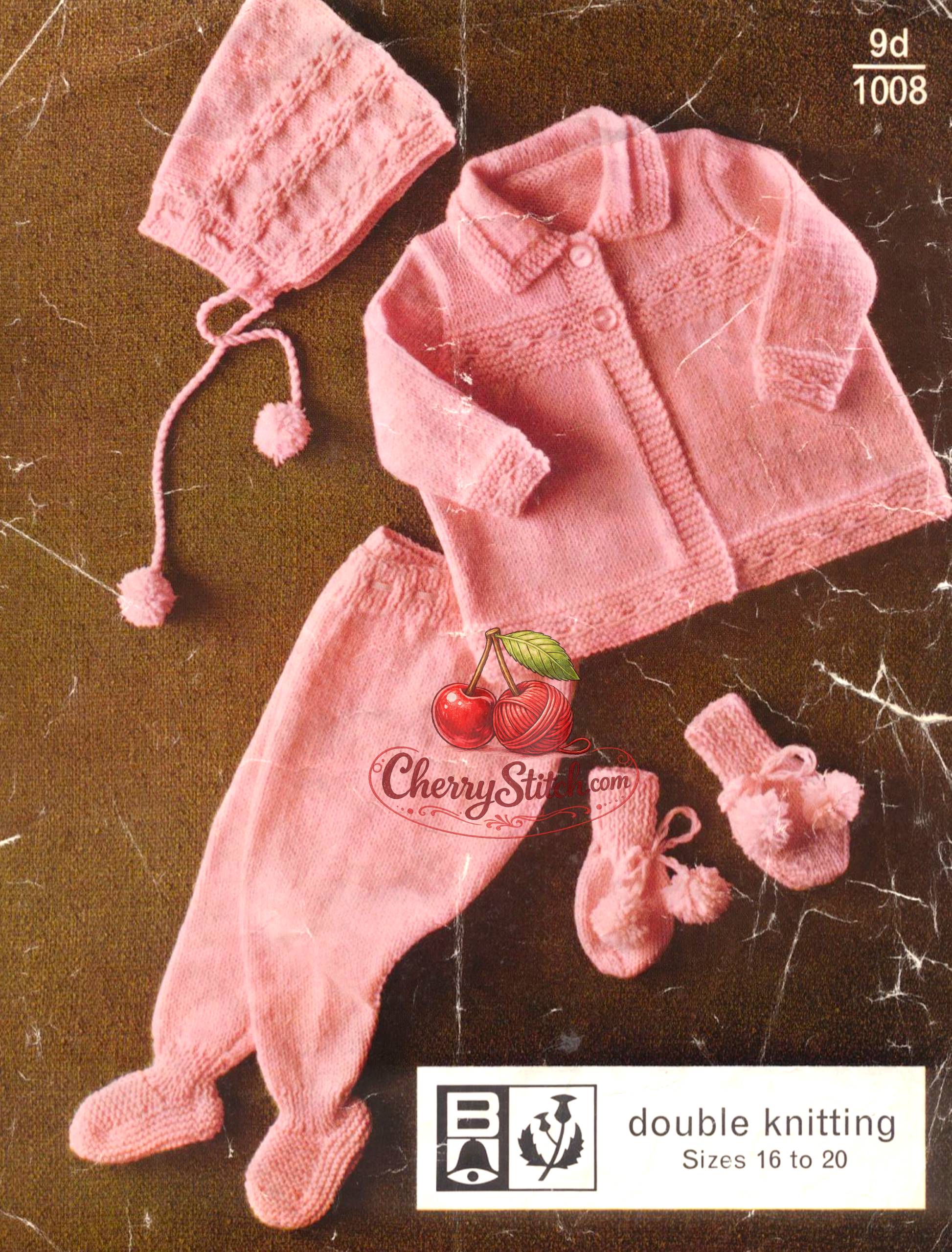 Vintage 1960s baby pram set knitting pattern – matinee coat, leggings, pixie hood hat and mittens