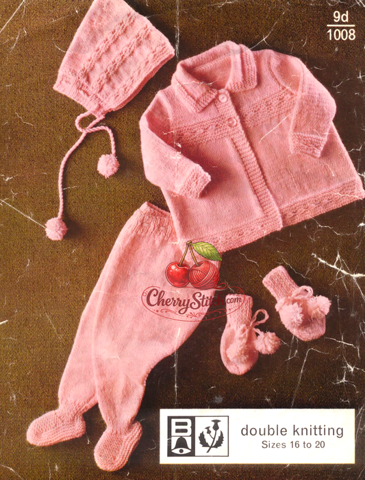 Vintage 1960s baby pram set knitting pattern – matinee coat, leggings, pixie hood hat and mittens