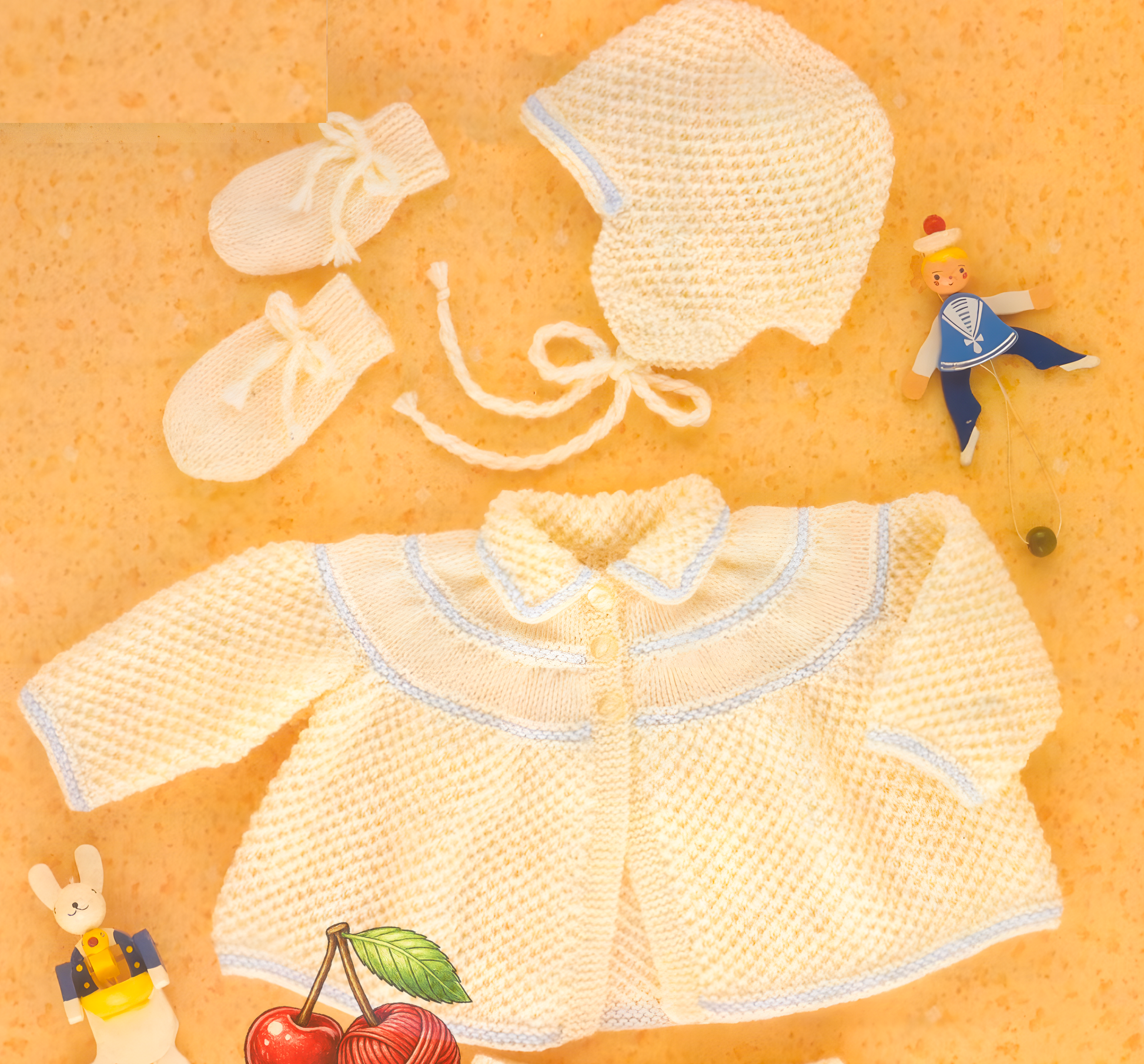 Close-up of knitted baby coat with textured yoke, cap and mittens – restored vintage 1970s pram set pattern