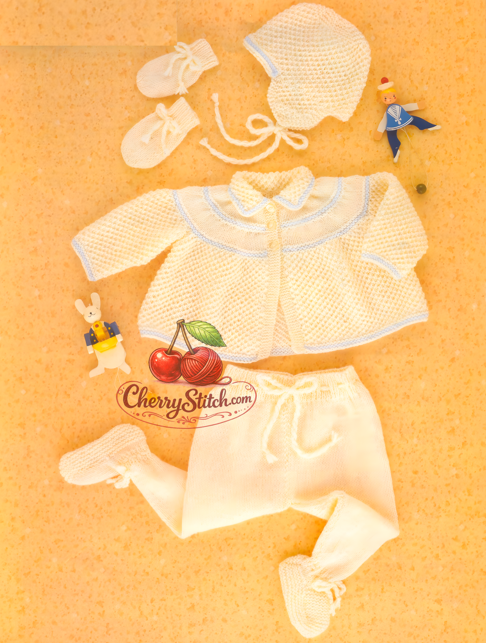 Vintage 1970s baby pram set knitting pattern – textured yoke coat, leginettes, cap and mittens in DK