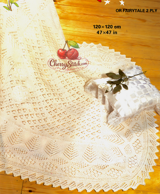 Baby Shetland lace christening shawl – restored vintage 1980s knitting pattern with Tree of Life and Candlelight border panels and sawtooth edge, 2-ply or 3-ply, 120×120cm