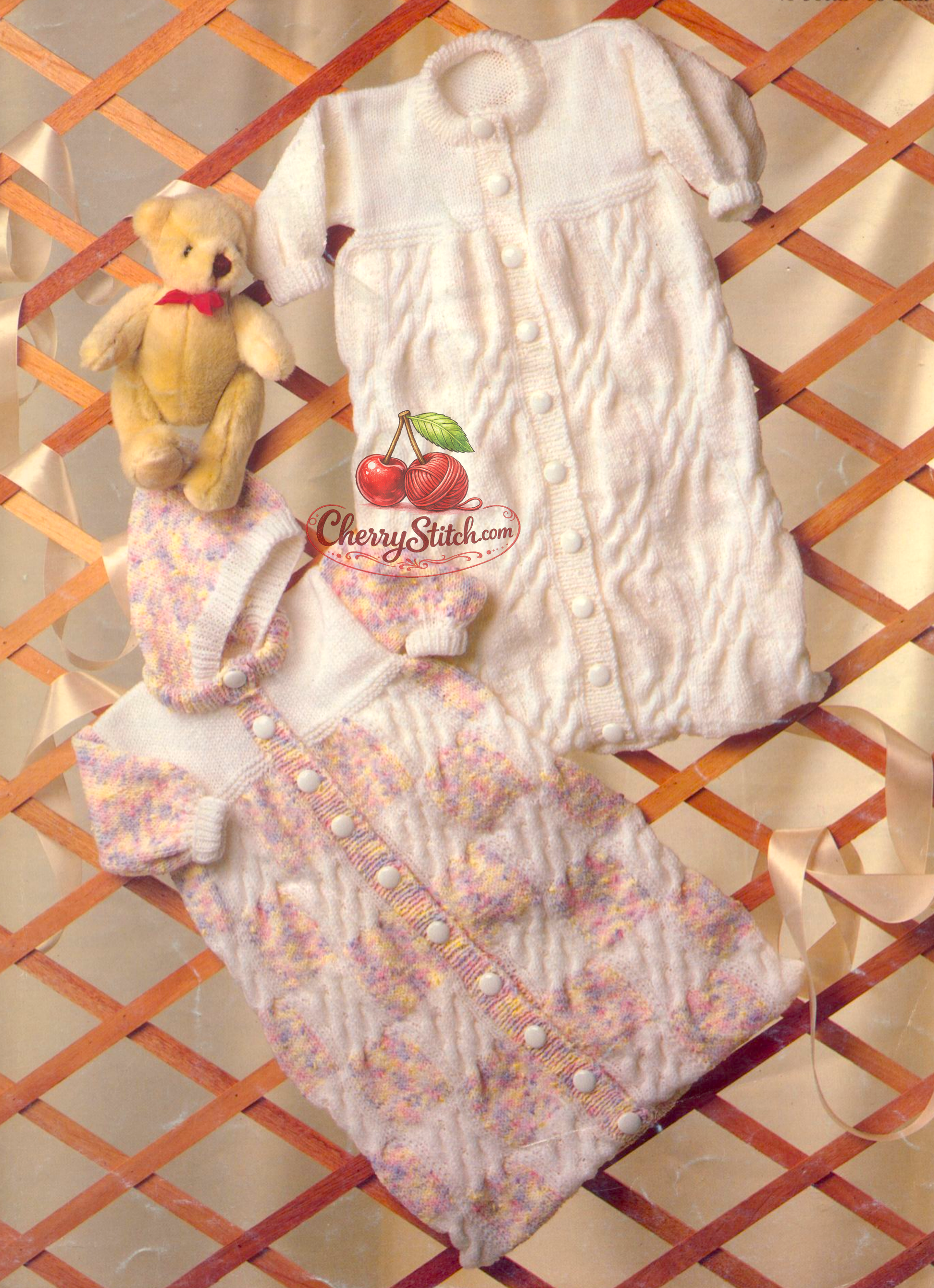 Vintage 1980s baby sleeping bag knitting pattern – 2 versions hooded and round neck, cable panels, button front, DK, 4 sizes 16''–22''