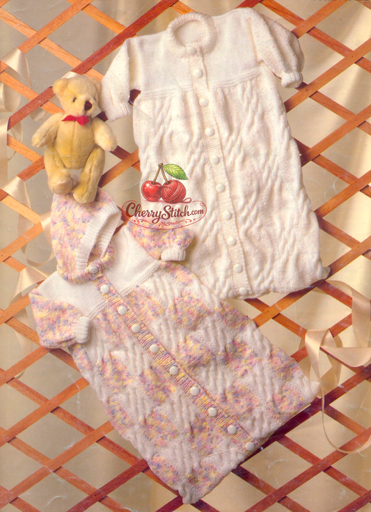 Vintage 1980s baby sleeping bag knitting pattern – 2 versions hooded and round neck, cable panels, button front, DK, 4 sizes 16''–22''