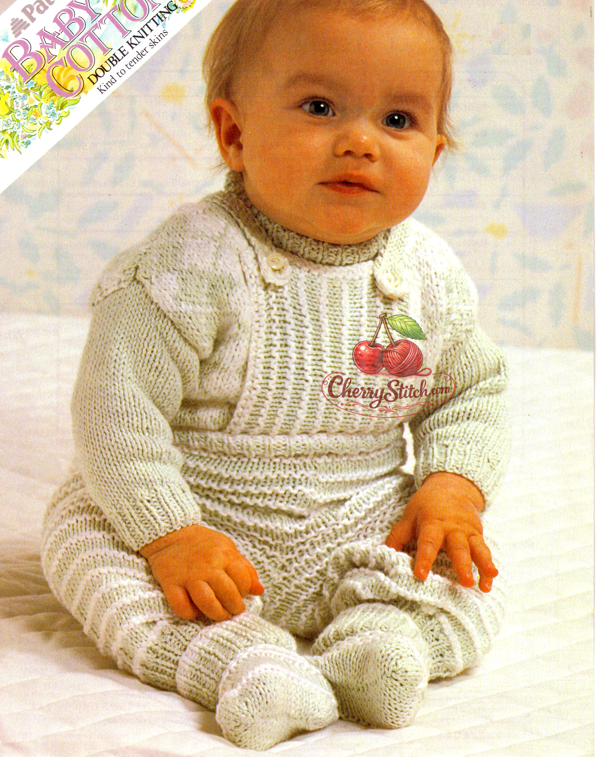 Baby sweater dungarees and bootees vintage knitting pattern 1980s – three-piece play set cotton DK 3 sizes