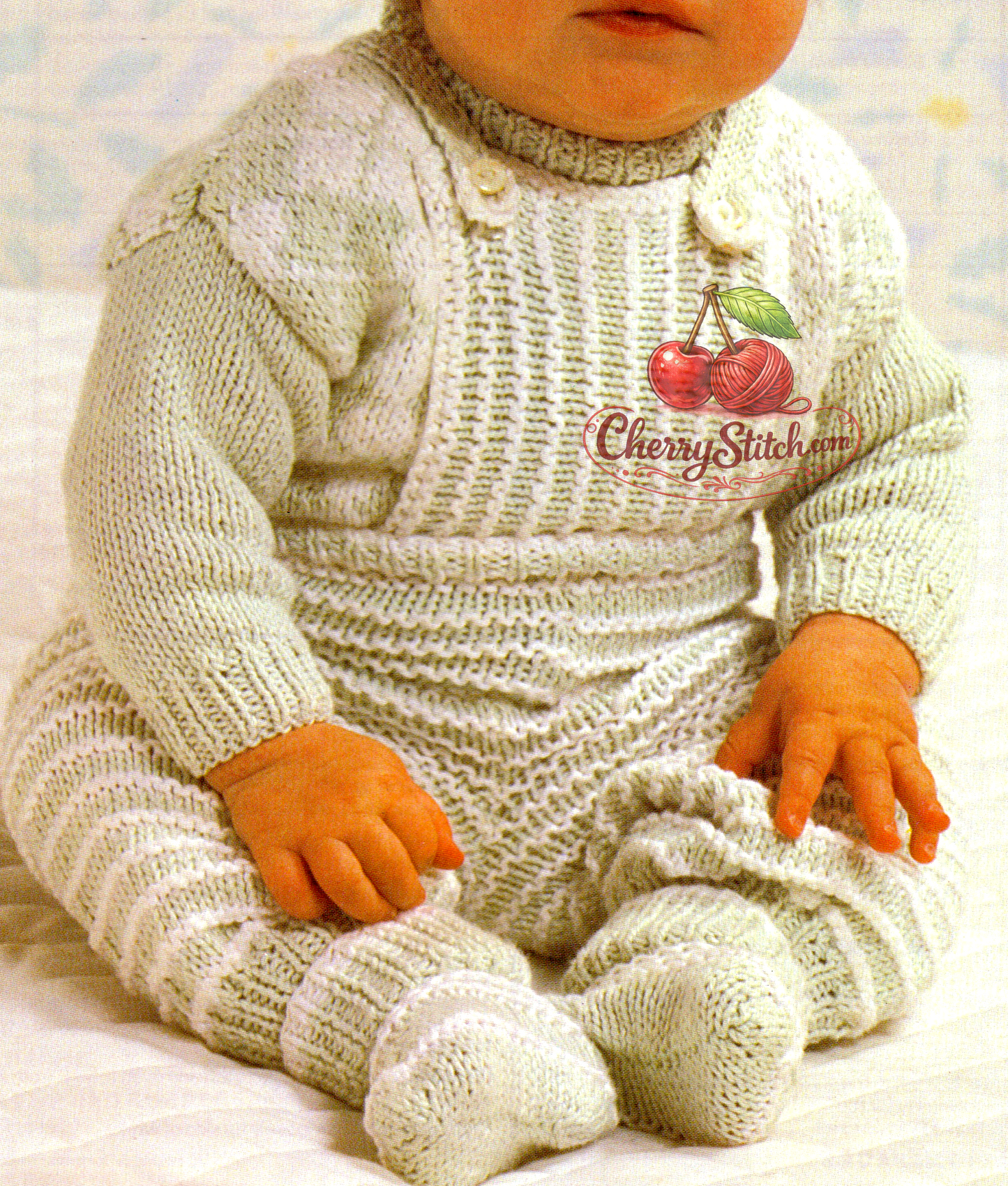Close-up of baby knitted dungarees – vintage 1980s sweater dungarees bootees knitting pattern cotton DK