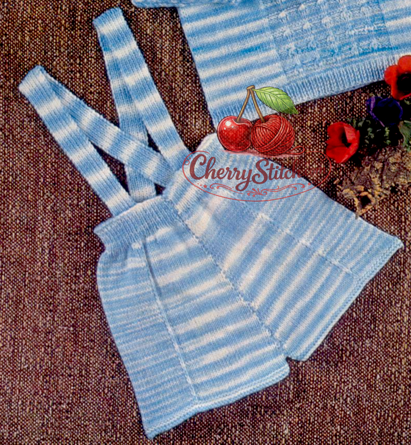 Close-up of knitted baby trousers – restored vintage 1970s baby sweater and trousers set knitting pattern in 4-ply
