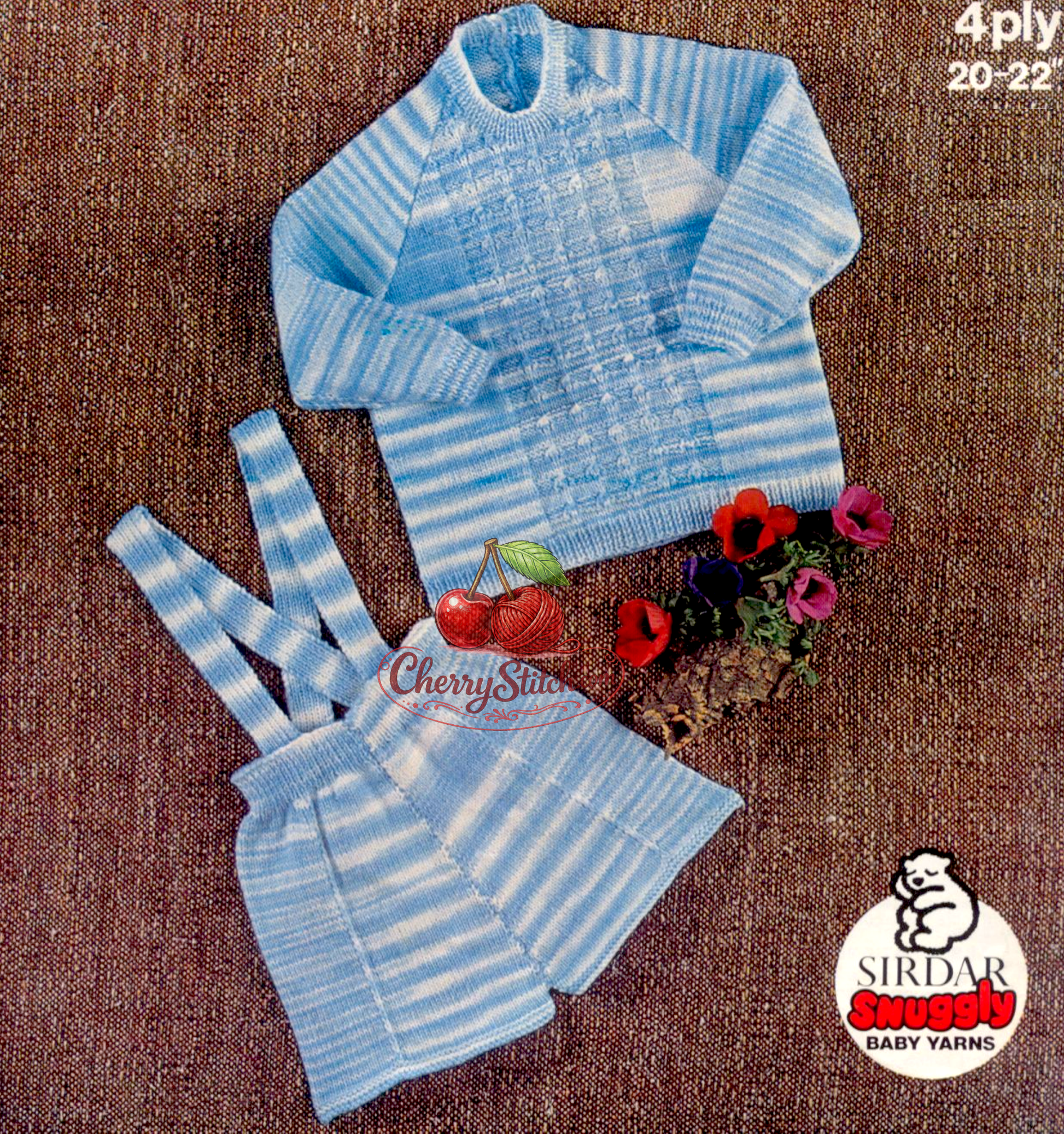 Vintage 1970s baby sweater and trousers set knitting pattern – crew neck raglan, patterned front, 4-ply, 3 sizes 20''–22''
