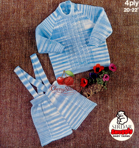 Vintage 1970s baby sweater and trousers set knitting pattern – crew neck raglan, patterned front, 4-ply, 3 sizes 20''–22''