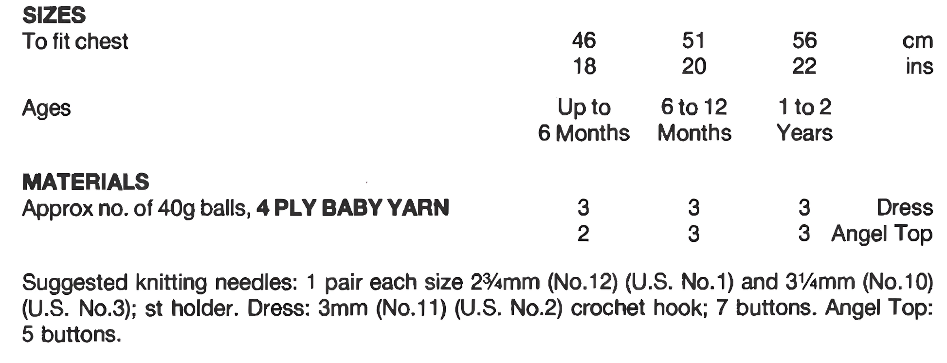 Materials, yarn requirements and measurements for vintage 1970s baby toddler dress and angel top knitting pattern