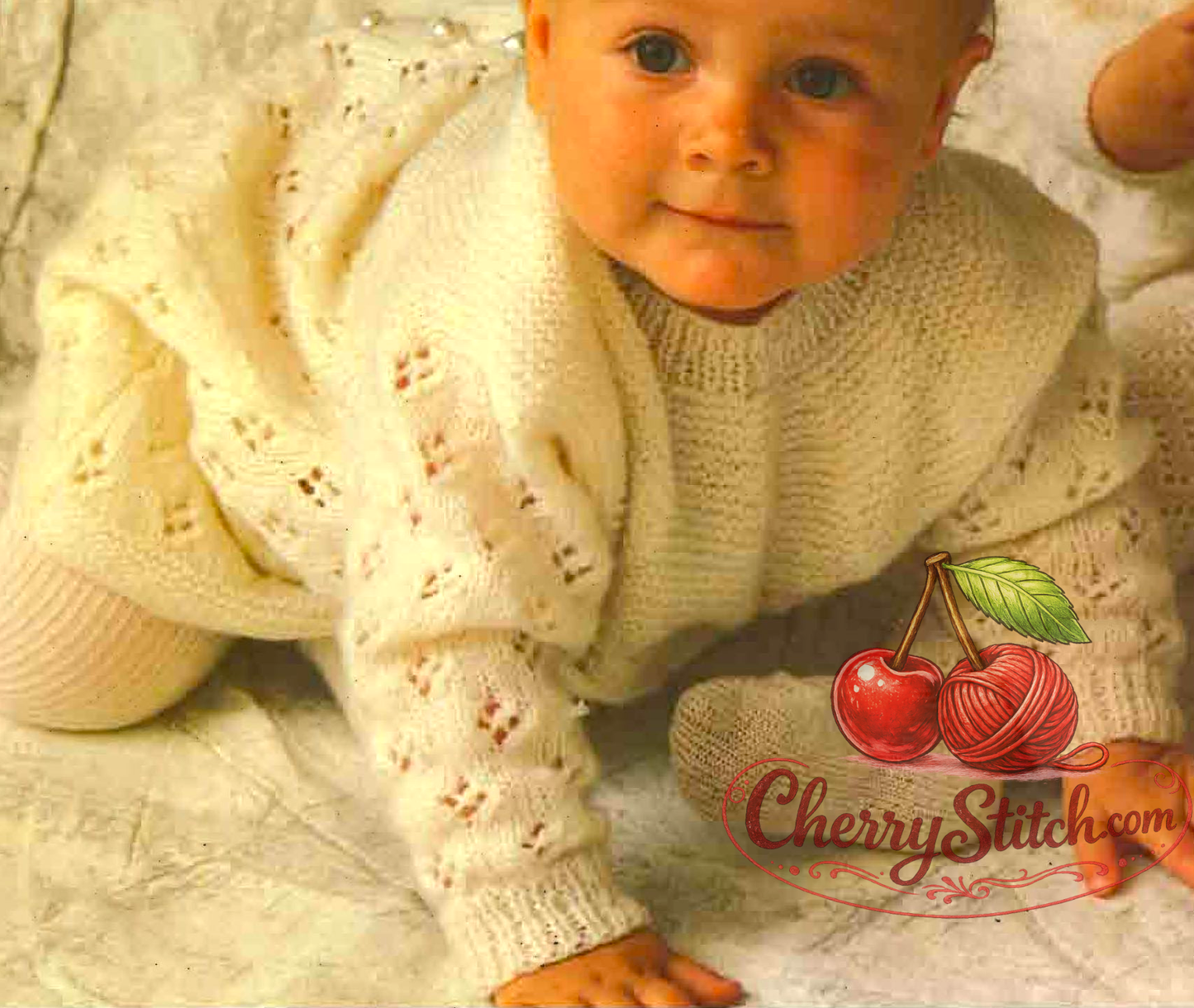 Close-up of lacy stitch detail on vintage 1970s baby toddler dress knitting pattern in 4-ply