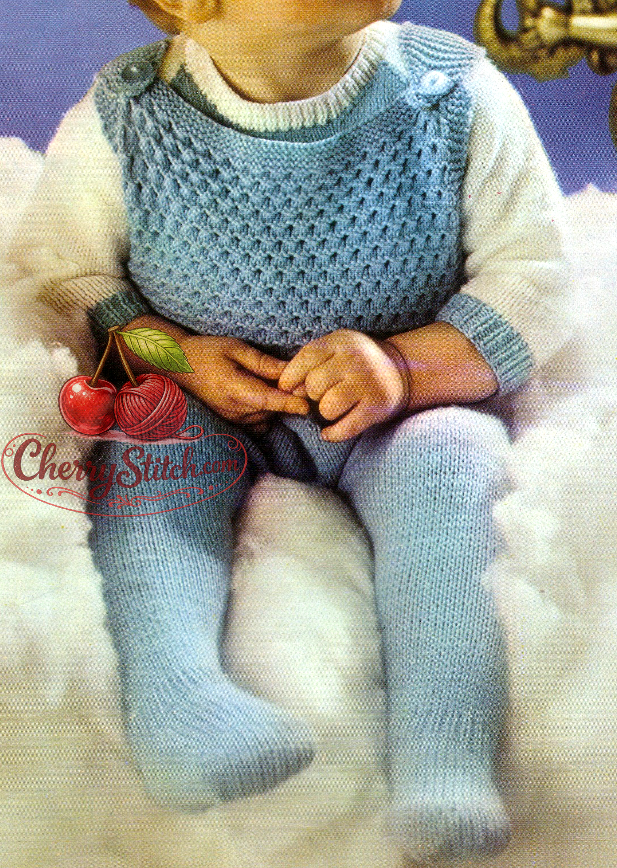 Close-up of dungarees and jumper set detail – restored vintage 1960s baby toddler knitting pattern in 4-ply