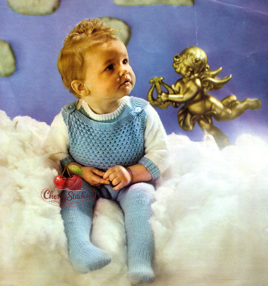 Baby toddler dungarees and jumper set – restored vintage 1960s knitting pattern in 4-ply, 3 sizes 18''–22'', 6 months–2 years