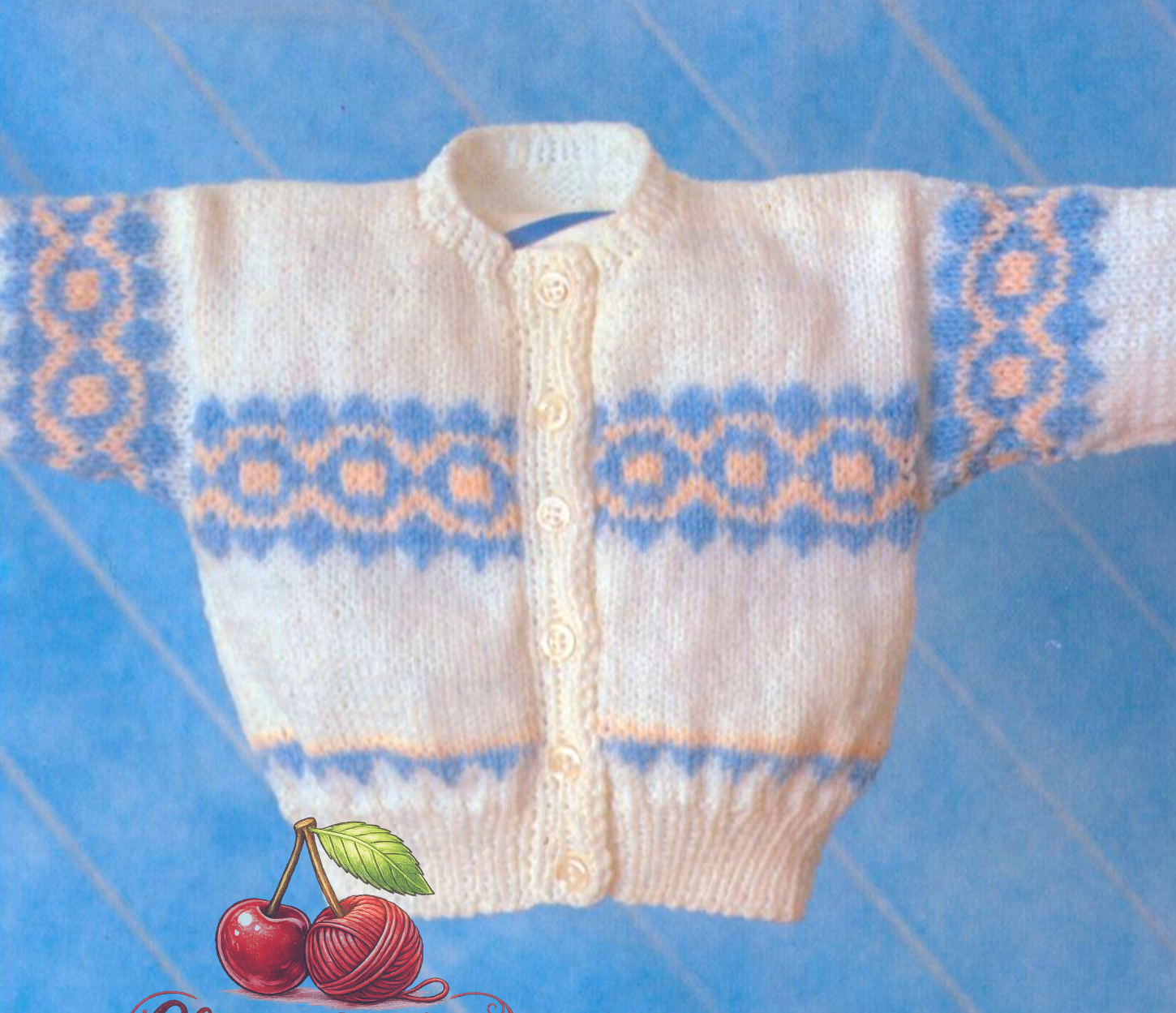 Close-up of baby Fair Isle cardigan colourwork motif – vintage 1980s knitting pattern DK