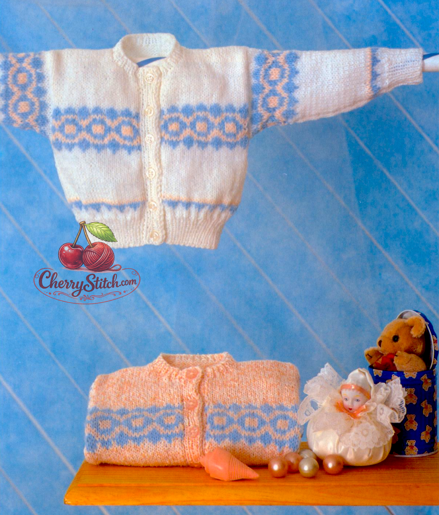 Baby toddler Fair Isle cardigan vintage knitting pattern 1980s – charted motif DK 3 sizes