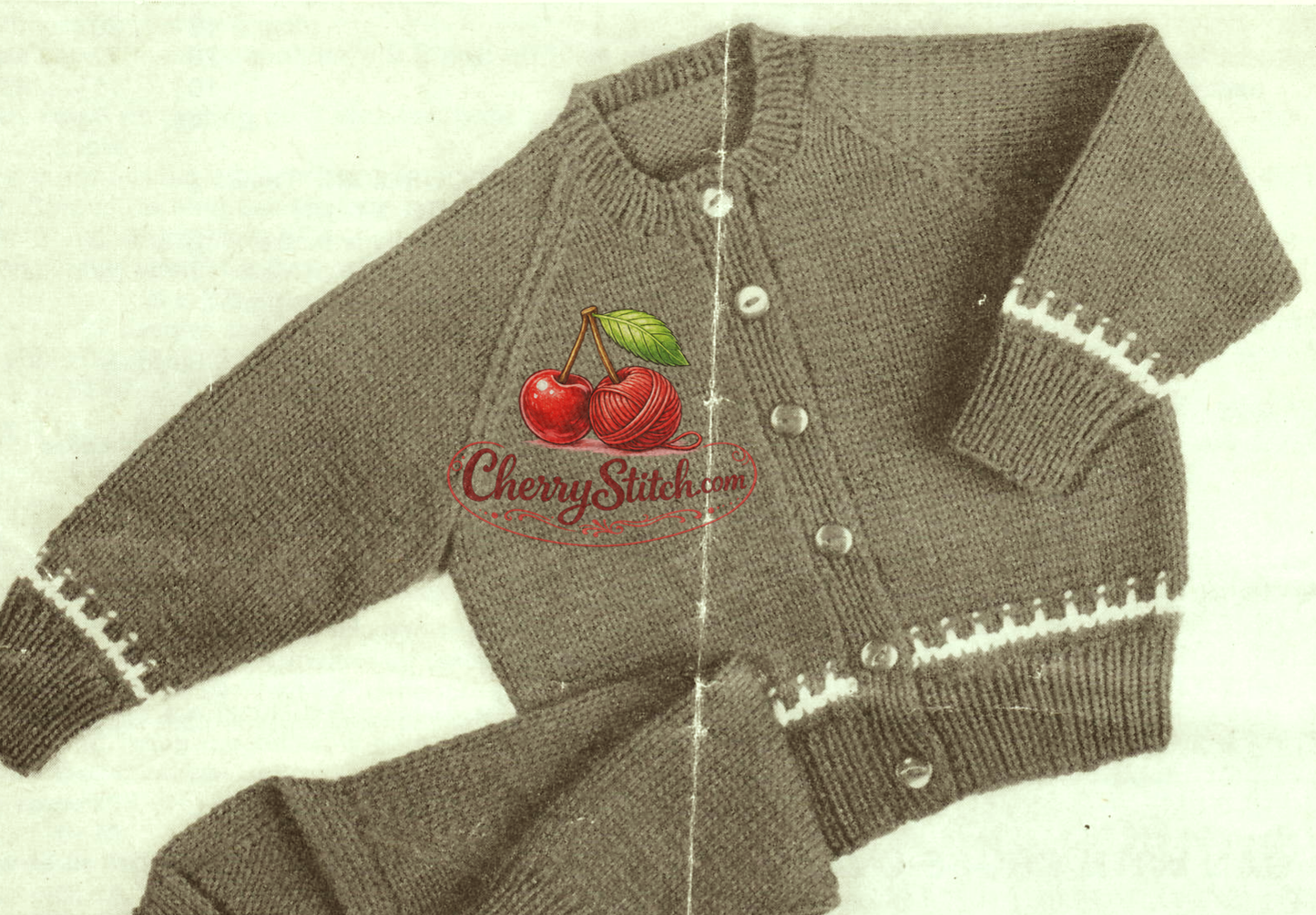 Close-up of high-neck cardigan – restored vintage 1950s baby toddler knitting pattern in DK