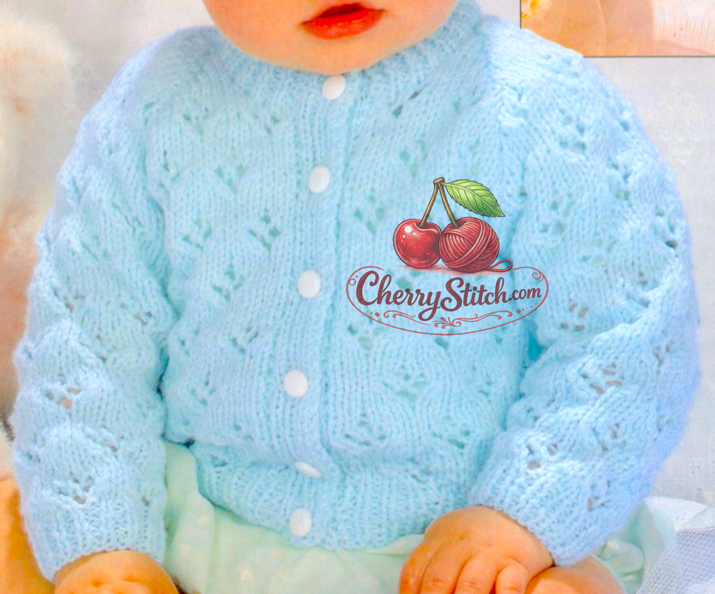 Close-up of baby buttoned cardigan – vintage 1980s knitting pattern plain or lacy eyelet diamond DK