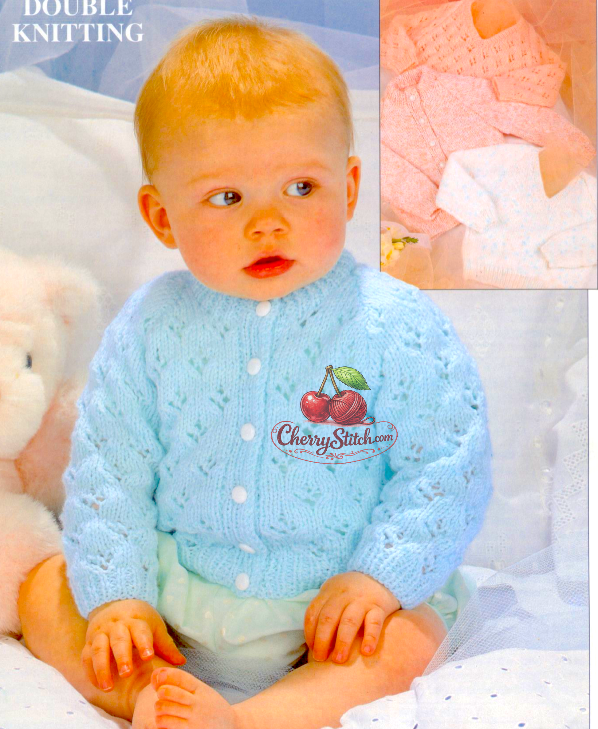 Baby toddler V-neck sweater and cardigan vintage knitting pattern 1980s – plain or lacy eyelet diamond DK 3 sizes