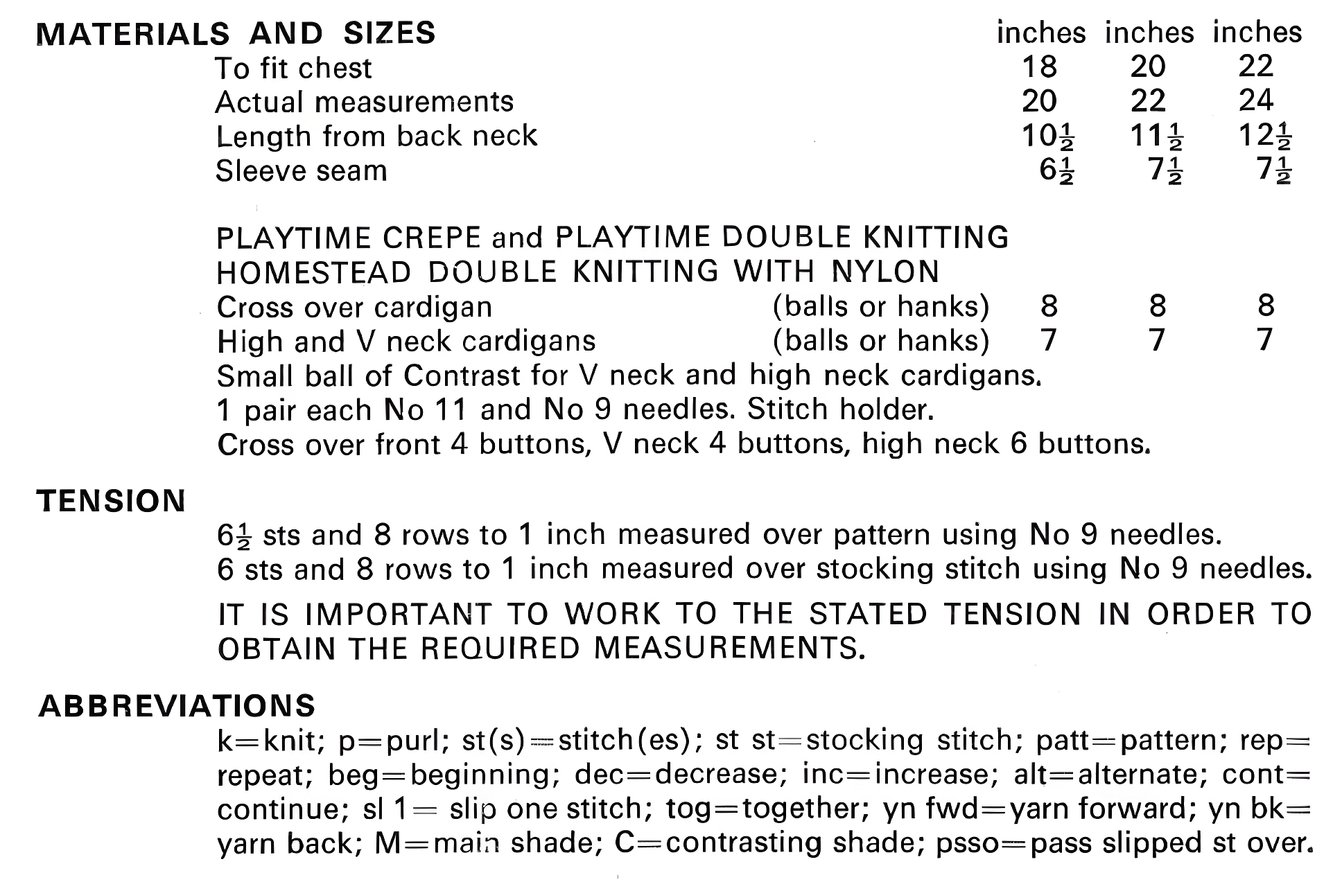 Materials, yarn requirements, tension and measurements for vintage 1950s baby toddler three-style cardigans knitting pattern