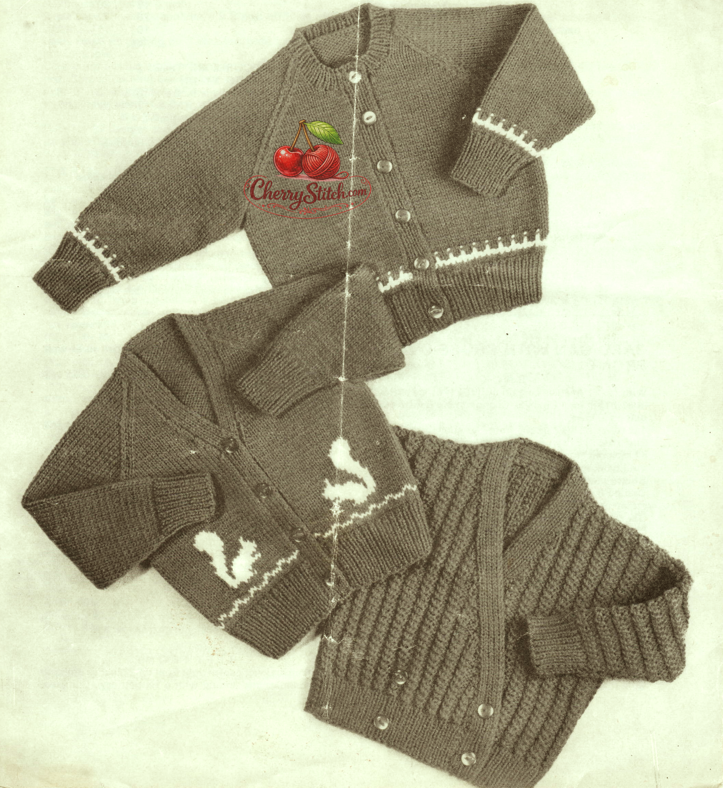 Baby toddler three-style cardigans – restored vintage 1950s knitting pattern with cross-over front, V-neck squirrel motif and high-neck styles in DK, 18''–22''