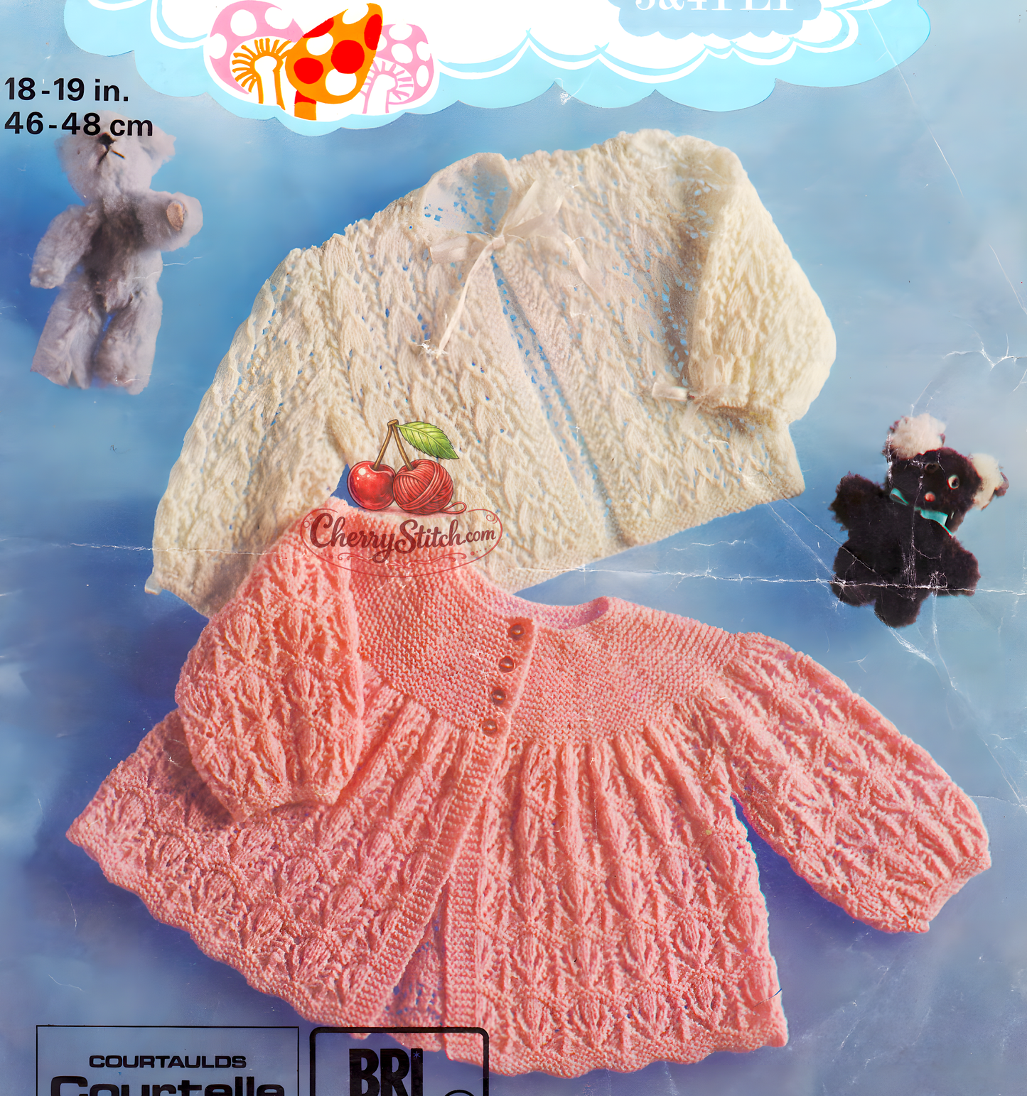 Two-style lacy baby matinee coats – restored vintage 1970s knitting pattern with yoke and ribbon-trimmed full lace designs, 3-ply & 4-ply, 18''–19'', 6–9 months