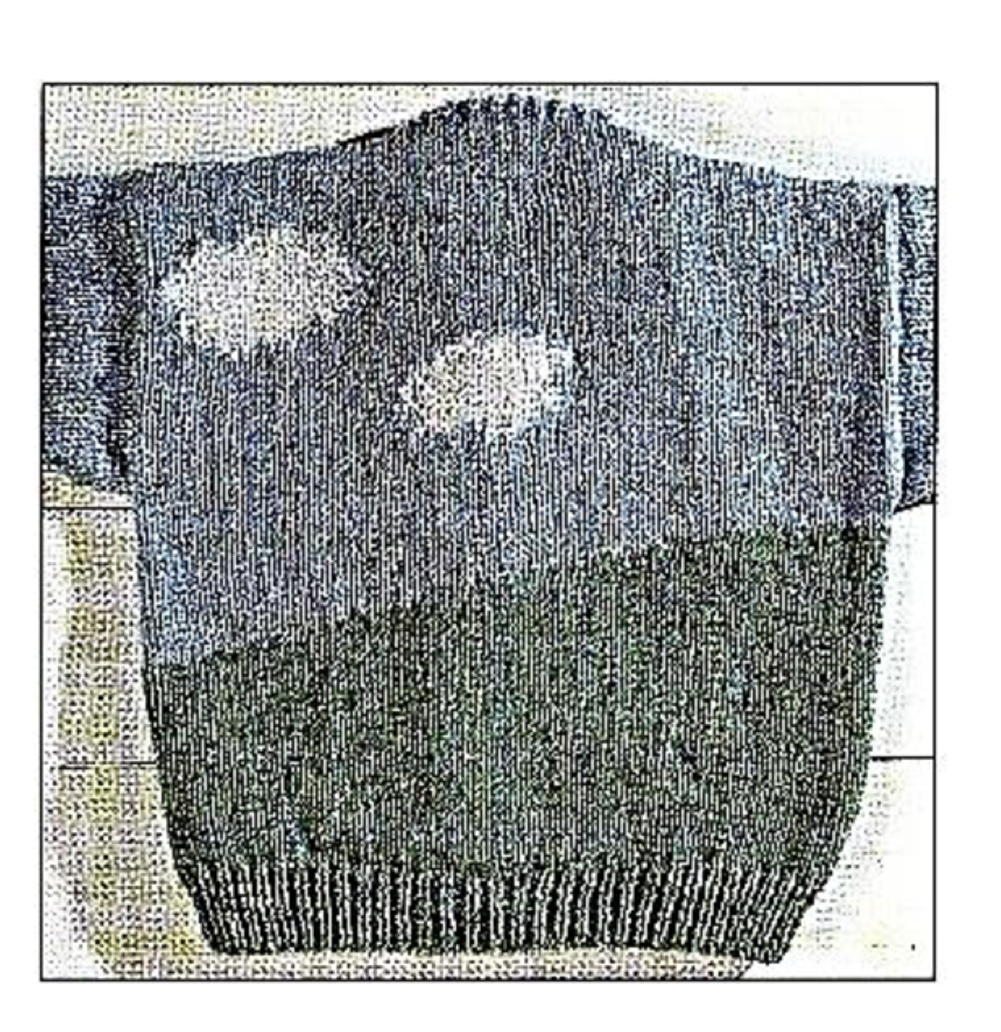 Close-up of knitted child's farmer cardigan back – restored vintage 1980s intarsia picture knitting pattern in DK