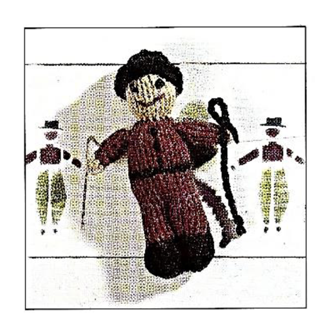 Close-up of knitted farmer toy tucked in cardigan pocket – restored vintage 1980s child's knitting pattern