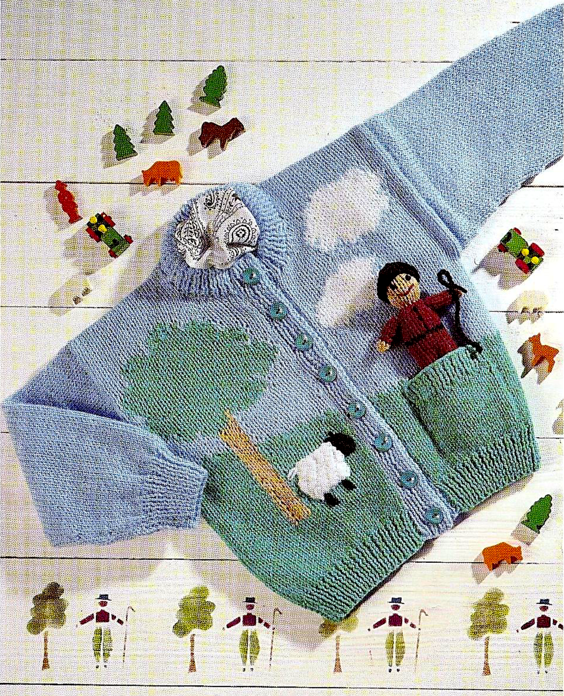 Vintage 1980s child's farmer intarsia picture cardigan and toy knitting pattern – tree, sheep and clouds with pocket, DK