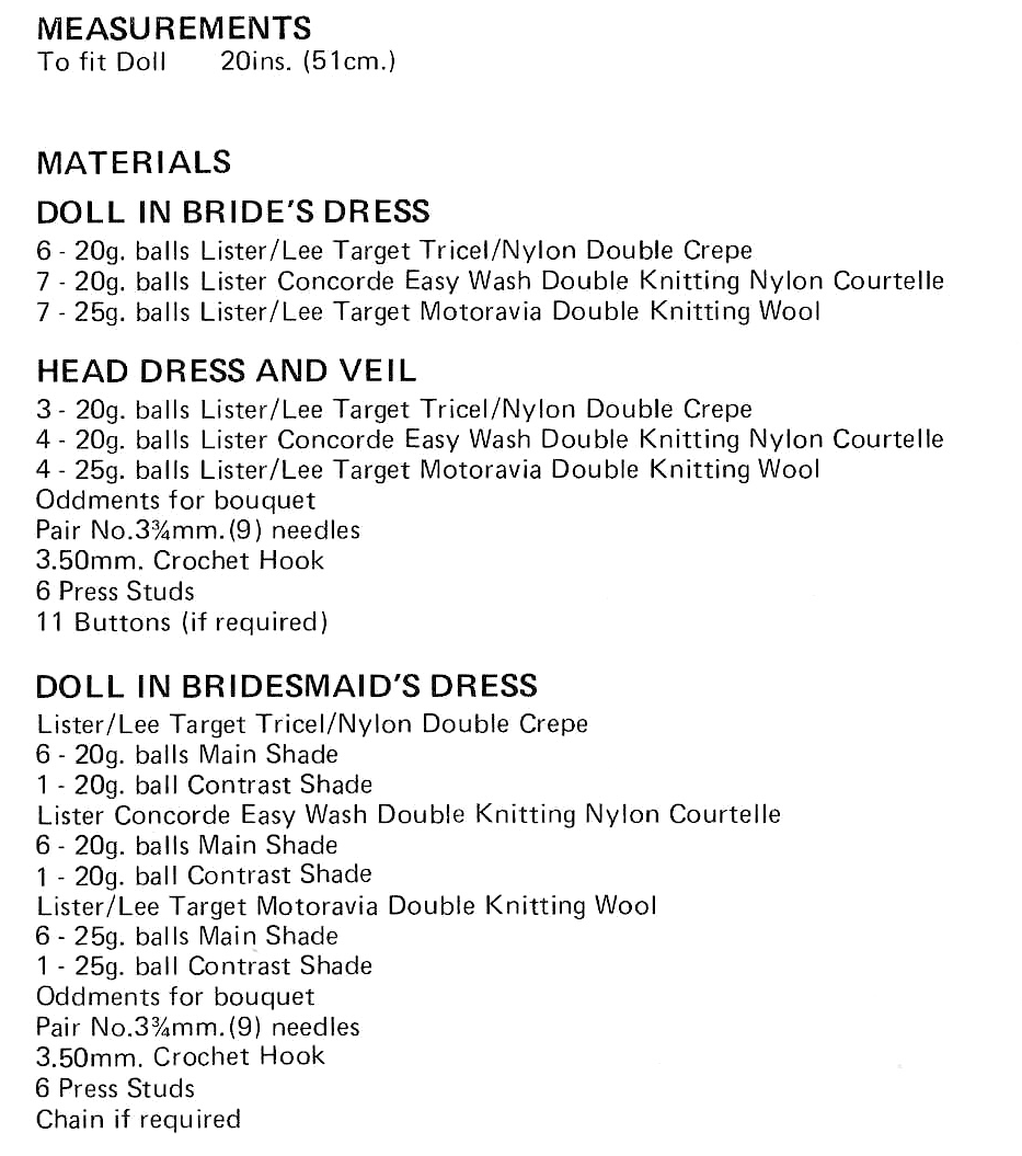 Materials and yarn requirements for vintage 1960s doll bride and bridesmaid dresses knitting pattern