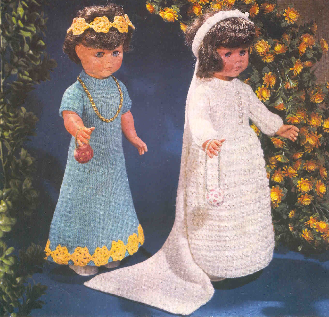 Doll bride and bridesmaid dresses – restored vintage 1960s knitting pattern with wedding dress, head dress and veil, fits 20'' fashion doll, DK yarn