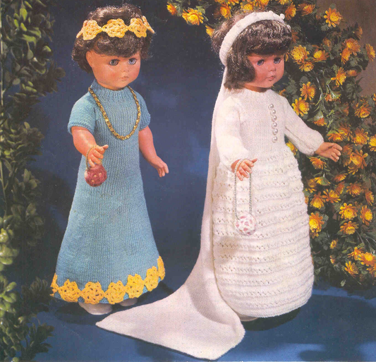 Doll bride and bridesmaid dresses – restored vintage 1960s knitting pattern with wedding dress, head dress and veil, fits 20'' fashion doll, DK yarn