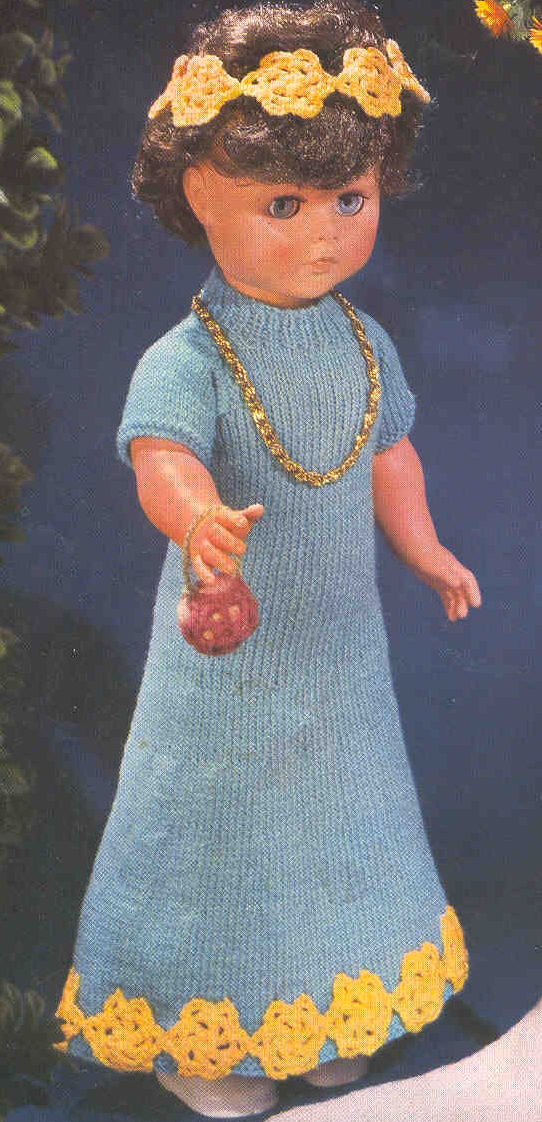 Close-up of miniature bridesmaid's dress detail – restored vintage 1960s doll knitting pattern in DK