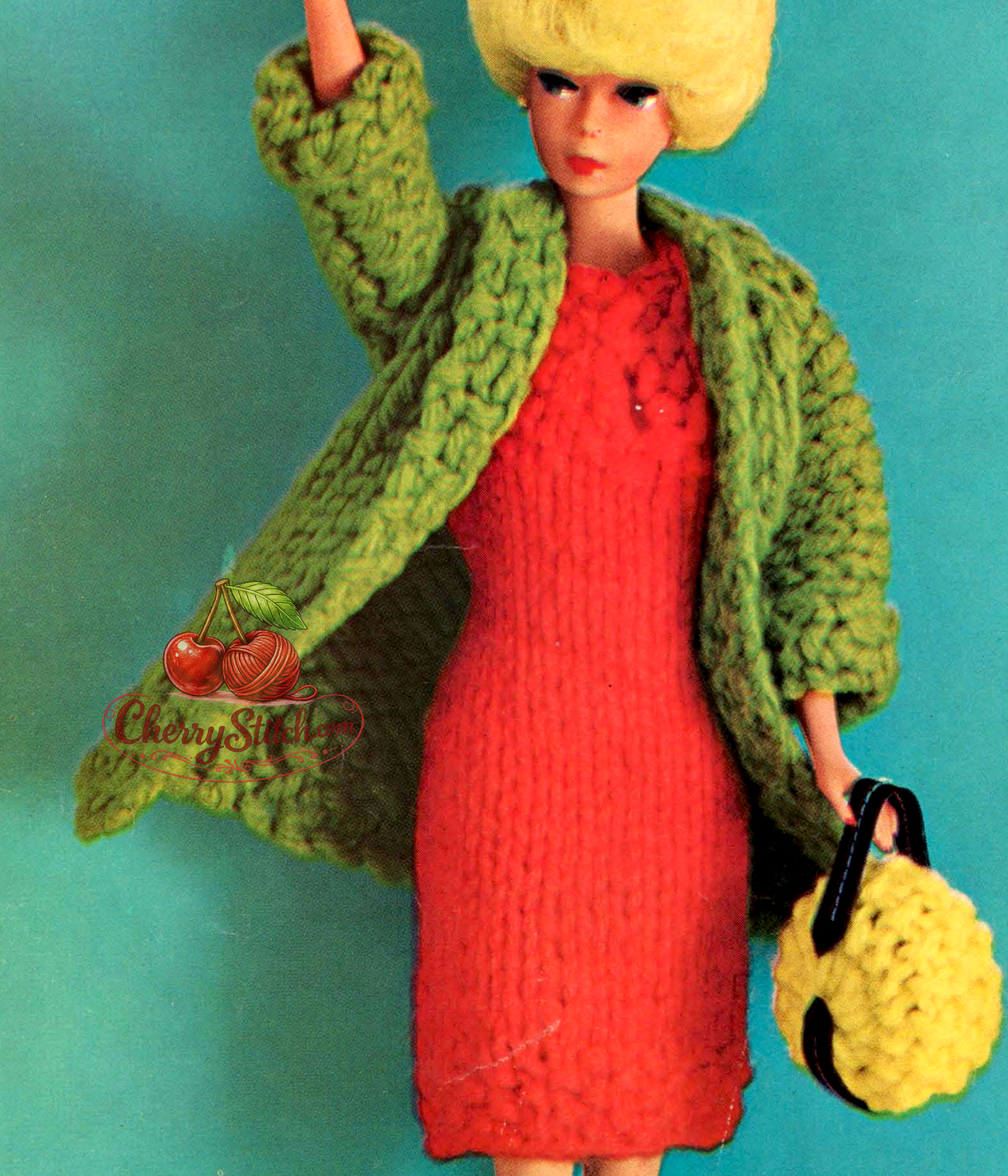 Close-up detail of a vintage 1960s fashion doll knitting pattern showing the red dress and green travel coat in stockinette and seed stitch.