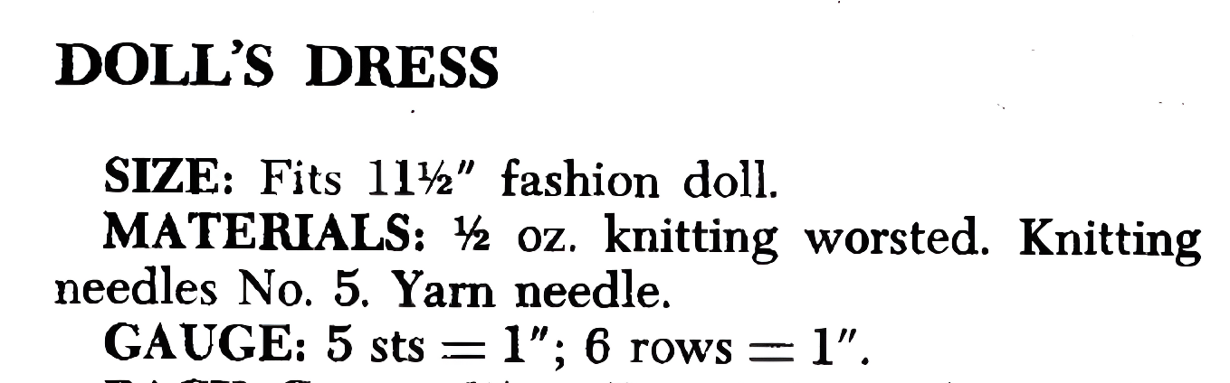 Yarn and materials requirement list for the 1960s fashion doll travelling wardrobe knitting pattern, showing worsted Aran weight yarn yardage and needle sizes.