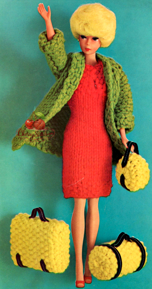 Cover art for a vintage 1960s knitting pattern featuring a fashion doll's travelling wardrobe — a red dress, green travel coat, knitted suitcase, duffel bag and hatbox.