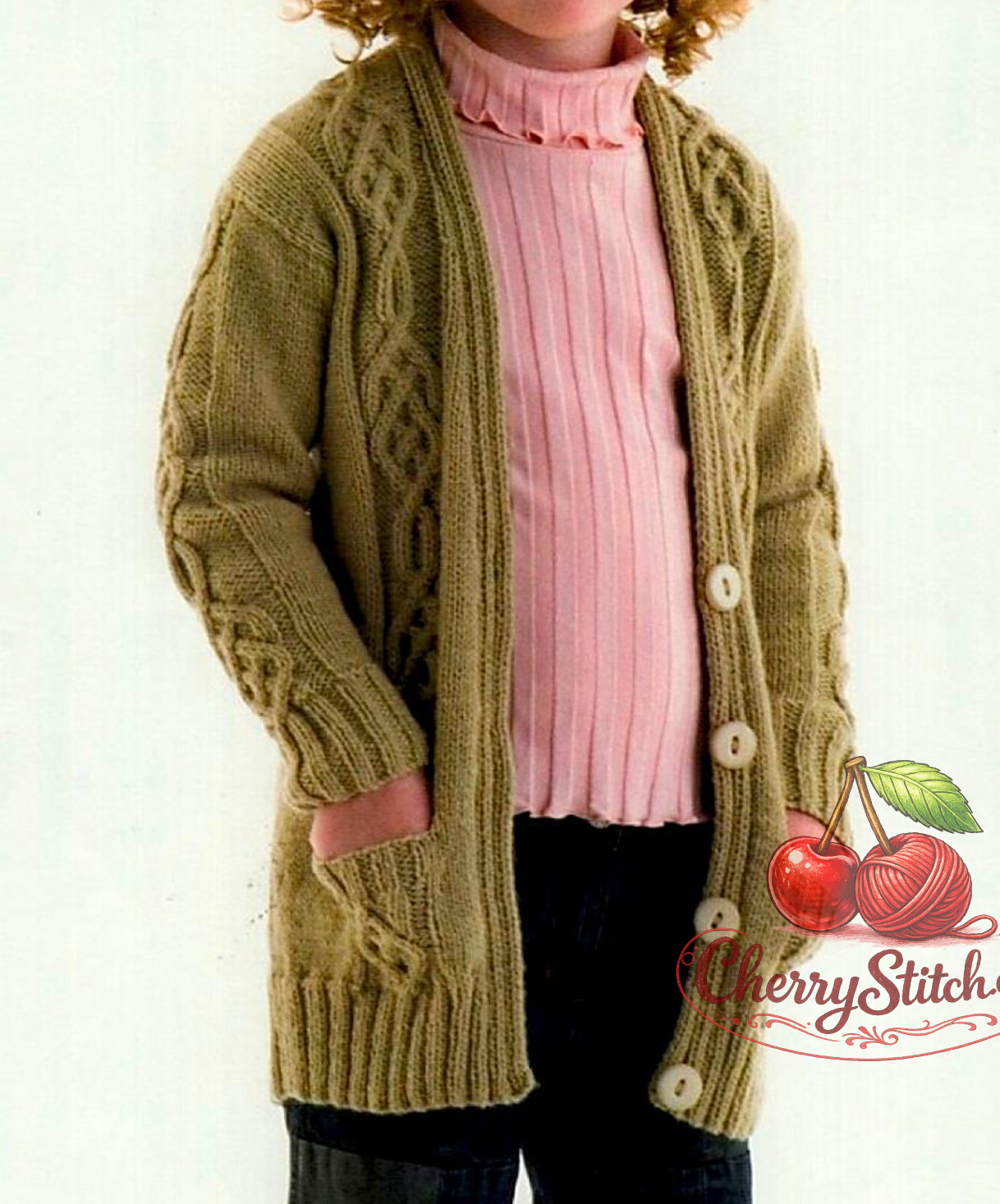 Close-up of cable panel and inset pocket detail on vintage 1990s girls cardigan knitting pattern