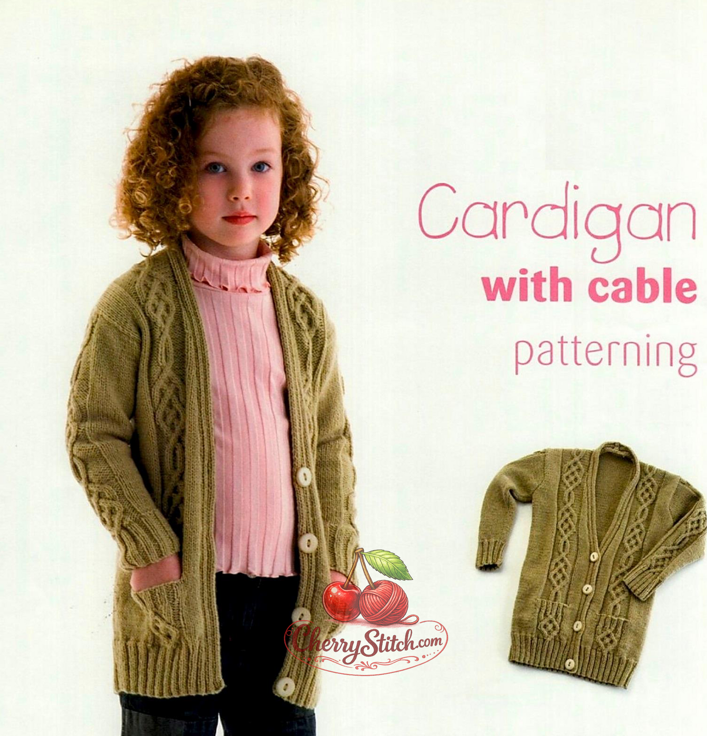 Vintage 1990s girls cardigan knitting pattern – cable panels and inset pockets in 5 sizes 2-10 years