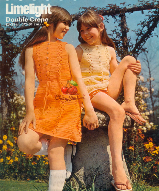 Girls' pinafore dress and tunic vintage crochet pattern 1970s – open-work two lengths DK
