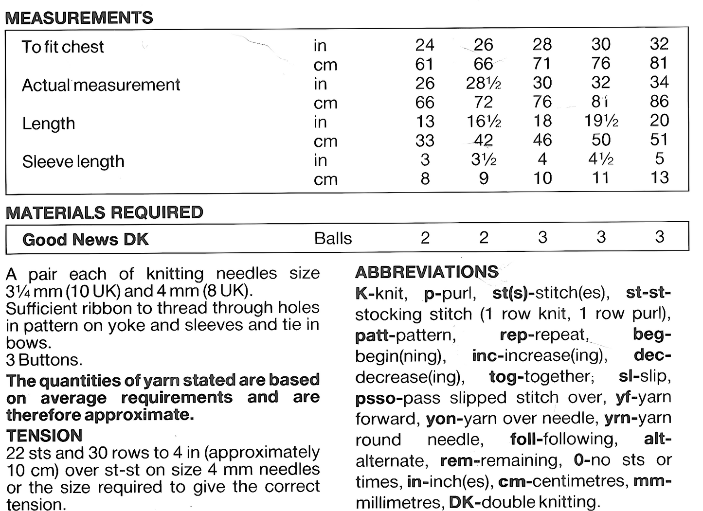 Materials, yarn requirements and measurements for vintage 1980s girls' short-sleeved lace jumper knitting pattern in DK