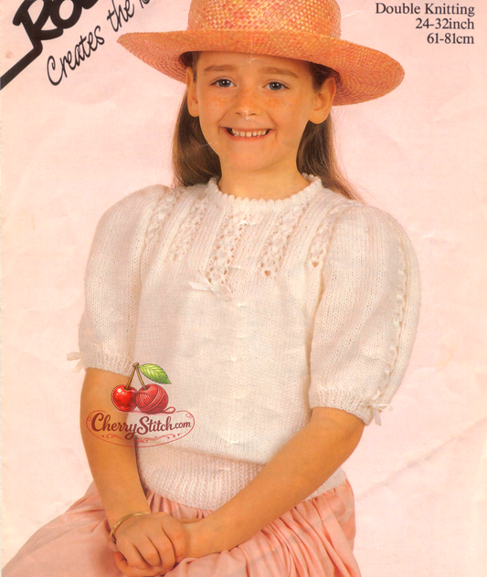 Vintage 1980s girls' short-sleeved jumper knitting pattern – lace front panels and sleeve bands, crew neck, DK, 5 sizes 24''–32''