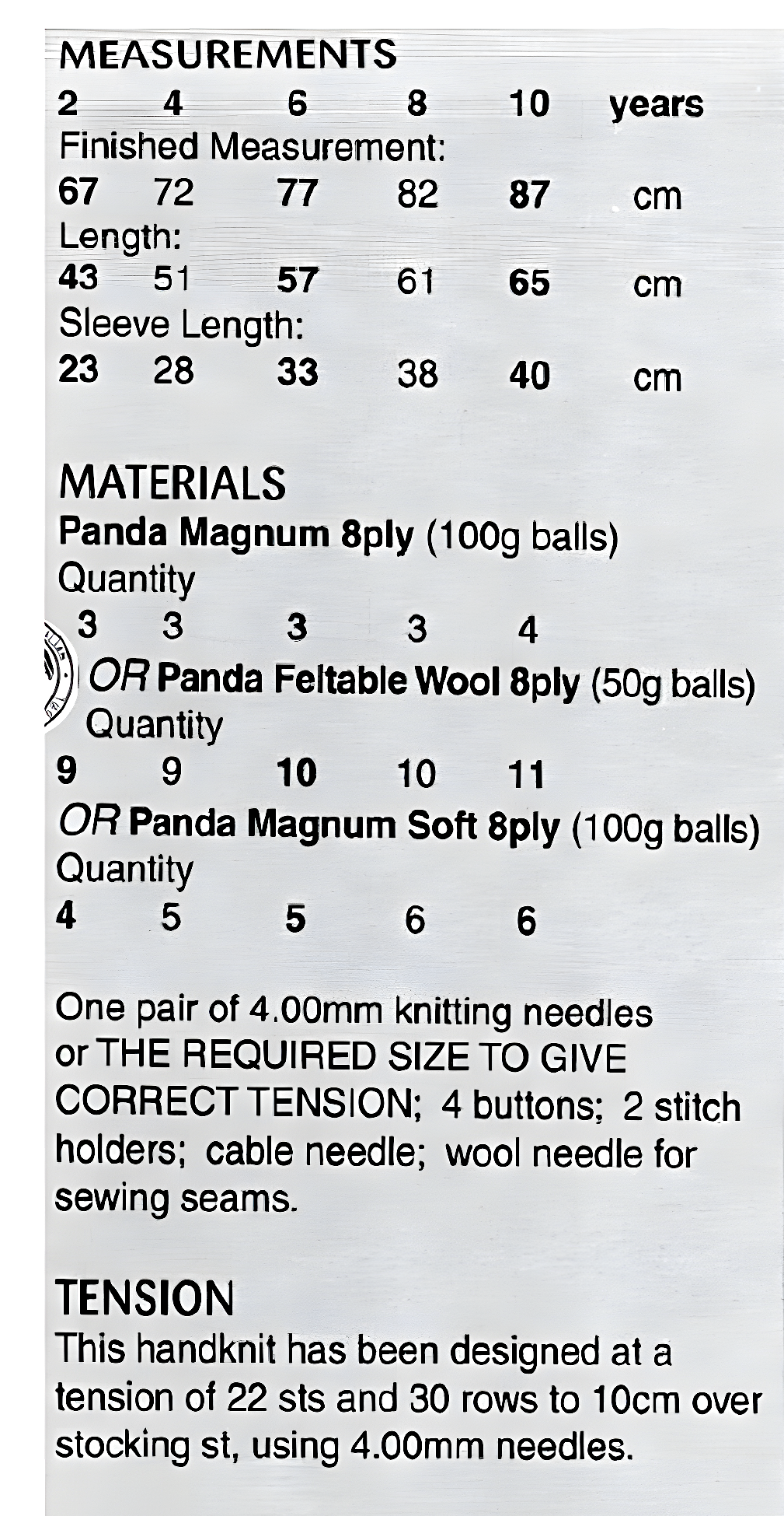 Materials, yarn requirements, tension and measurements for vintage 1990s girls cable cardigan knitting pattern