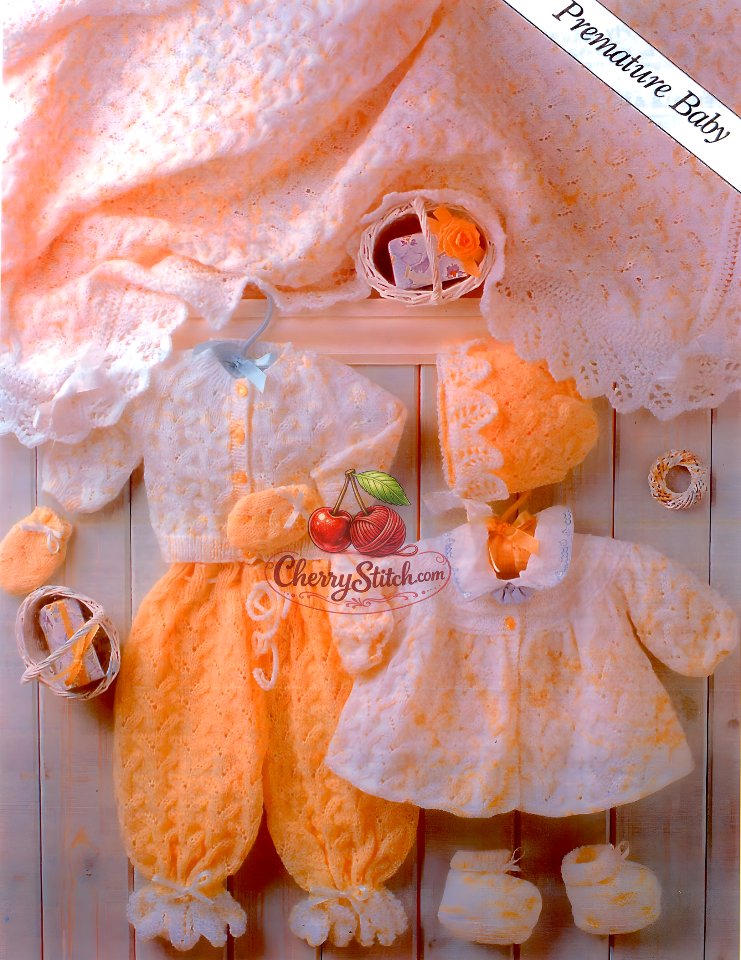 Tiny premature baby 7-piece heirloom lace layette – restored vintage 1980s knitting pattern, cardigan set, accessories and shawl with scalloped edging, 4-ply, 9¾''–12¼''. Also fits baby dolls