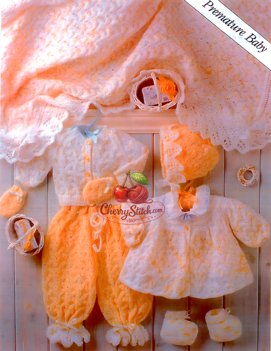 Tiny premature baby 7-piece heirloom lace layette – restored vintage 1980s knitting pattern, cardigan set, accessories and shawl with scalloped edging, 4-ply, 9¾''–12¼''. Also fits baby dolls