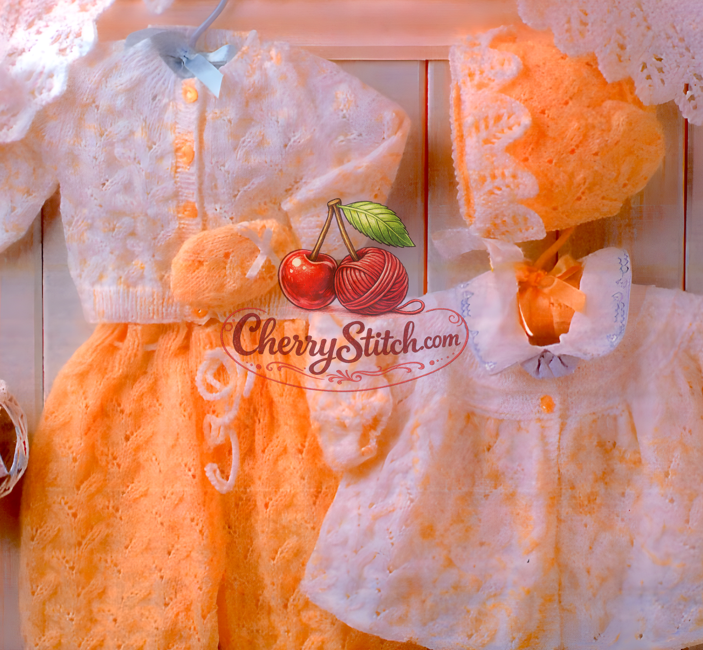 Close-up of heirloom lace cardigan and matinee coat with scalloped edging – restored vintage 1980s premature baby layette knitting pattern in 4-ply
