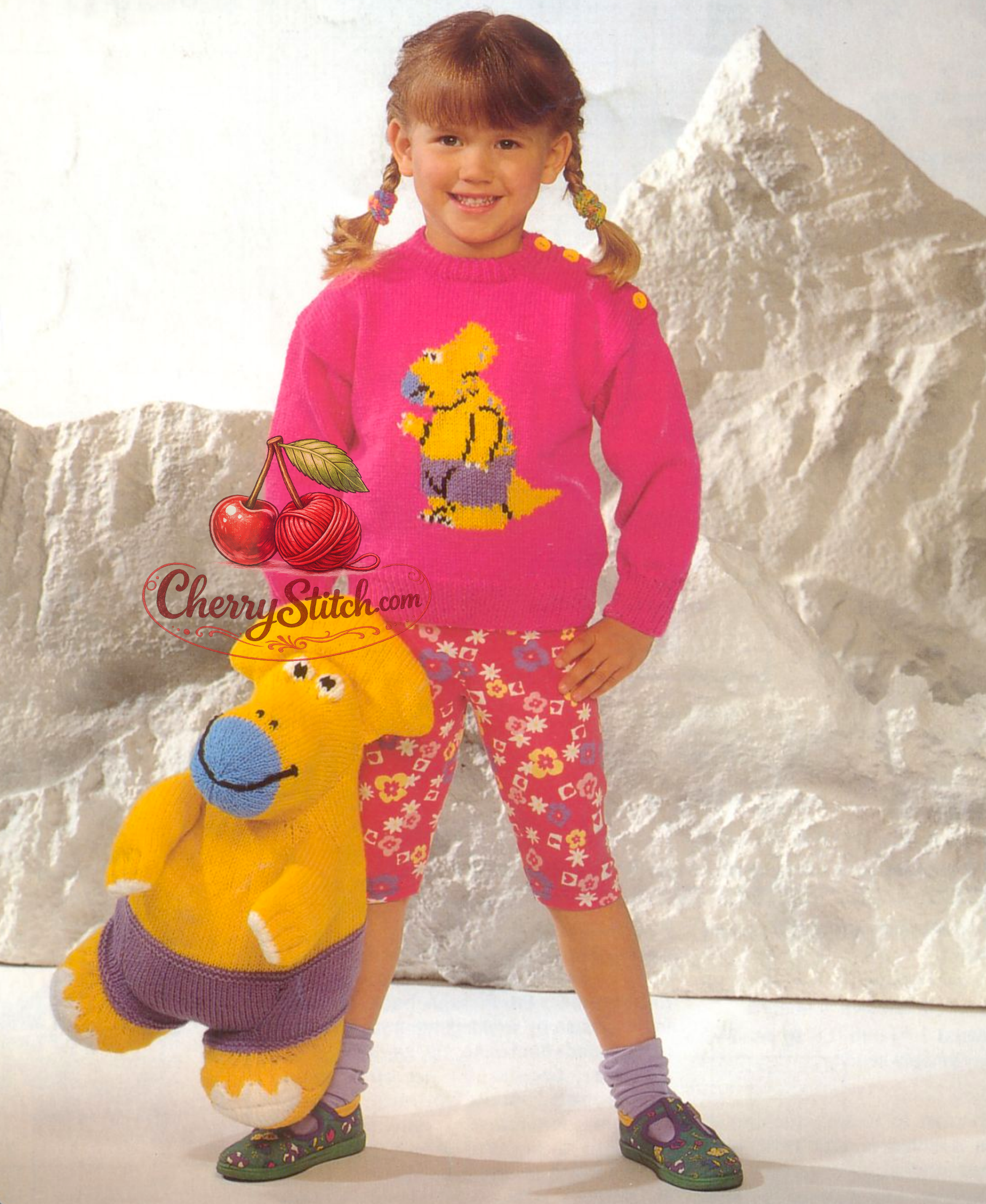 Toddler child dinosaur sweater and toy vintage knitting pattern 1980s – intarsia Protoceratops DK boy girl 4 sizes
