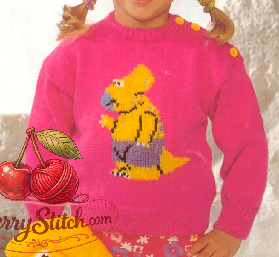 Close-up of child dinosaur intarsia jumper – The Prof Protoceratops vintage 1980s knitting pattern DK