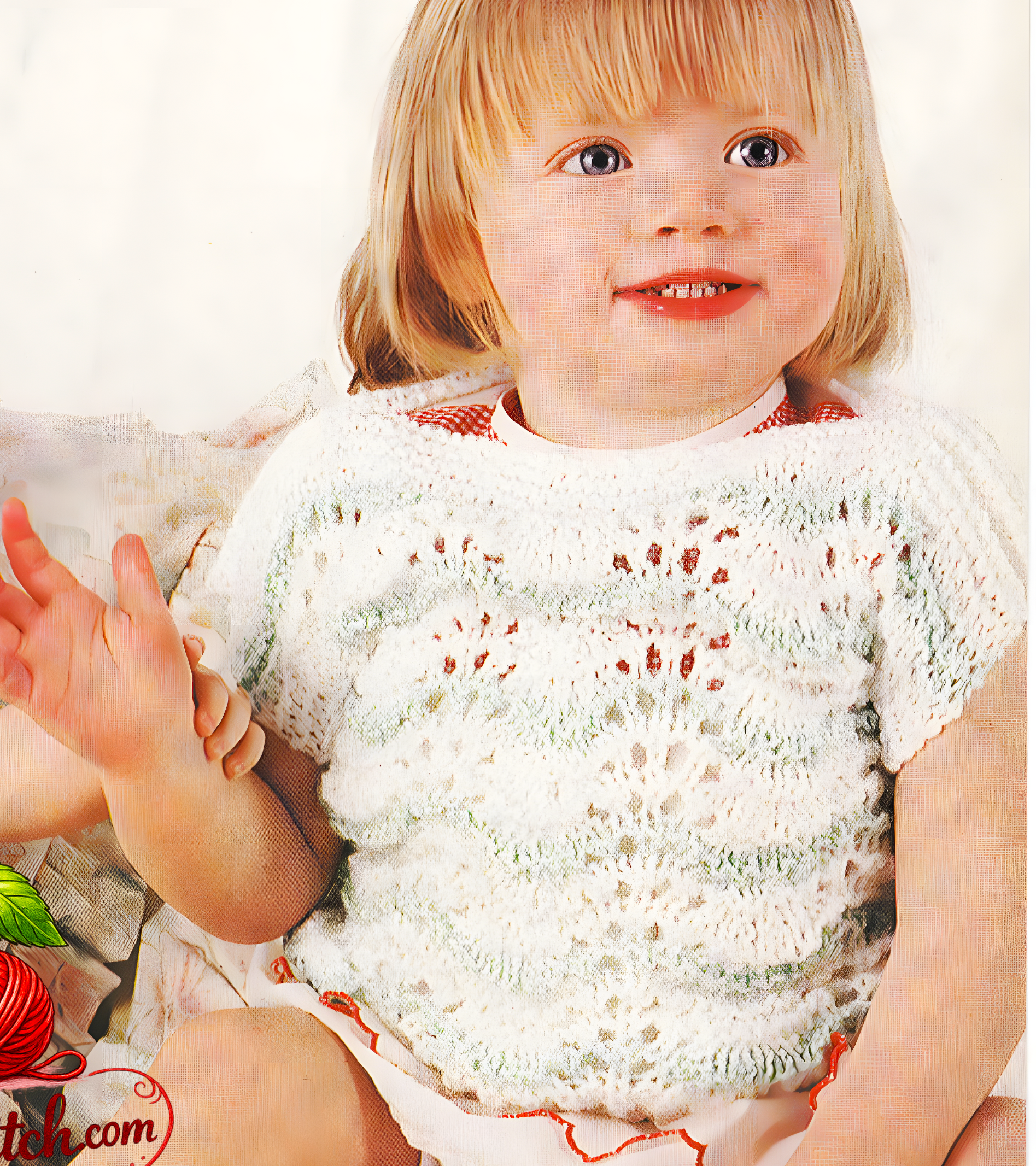 Close-up of knitted toddler girl sleeveless lacy jumper – restored vintage 1980s knitting pattern in DK